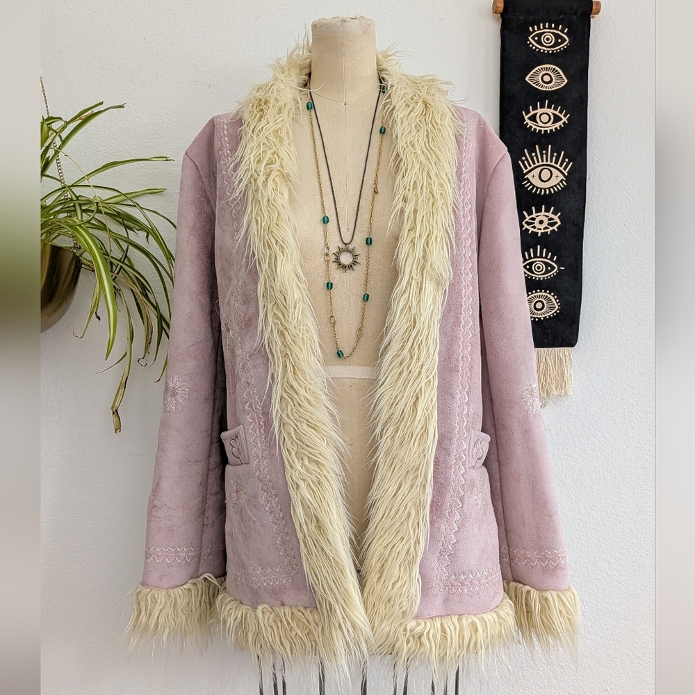 Vintage Pink and Cream Penny Lane Faux Suede & Fur Coat